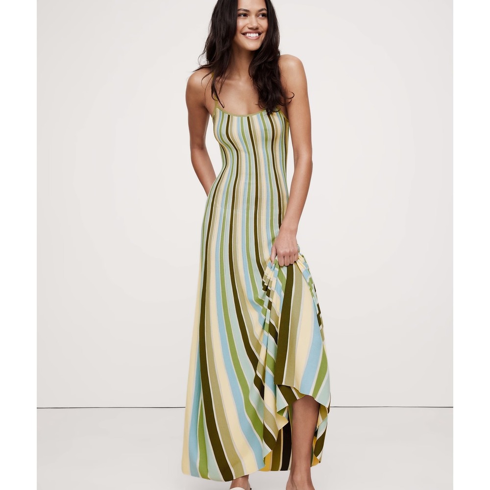 Banana Republic Maxi Dress L Green Striped Ribbed Knit Summer Beach